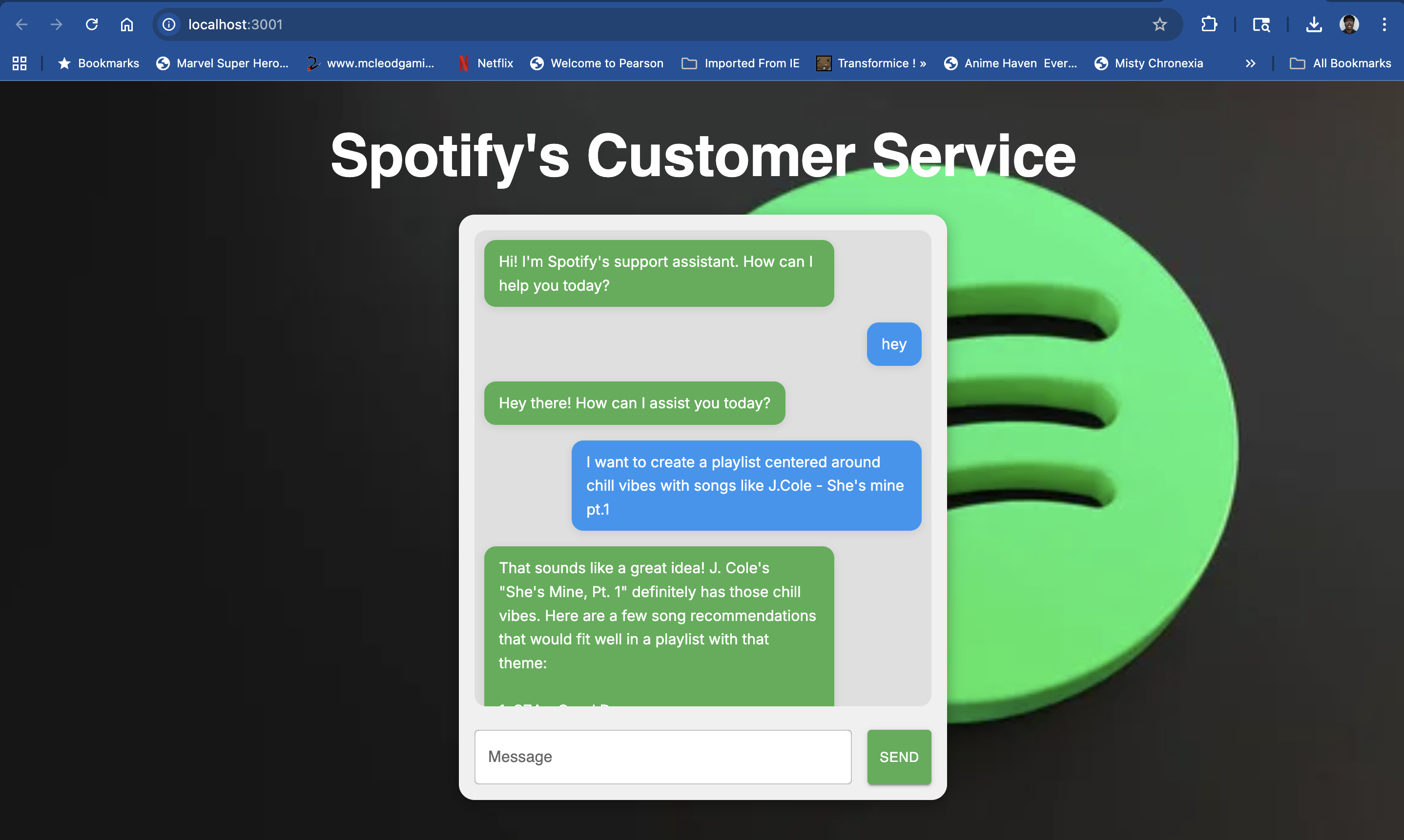 Spotify Chatbot — demo screenshot